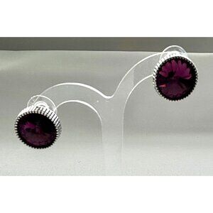 Round Purple Crystal Stud Earrings With Silver-Toned Beaded Edge